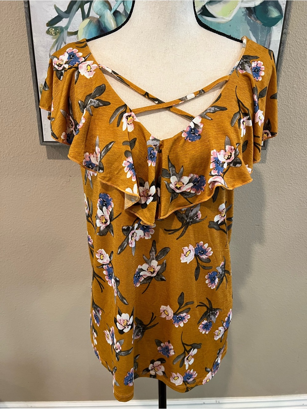 Mustard Floral Ruffle Cold-Shoulder Top
